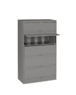 Tall, gray, metal file cabinet with five drawers. The top drawer is open, showing dividers inside. Each drawer has a horizontal handle. The cabinet has a lock on the top drawer. Set against a plain, white background.