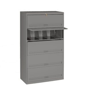 Tall, gray, metal file cabinet with five drawers. The top drawer is open, showing dividers inside. Each drawer has a horizontal handle. The cabinet has a lock on the top drawer. Set against a plain, white background.