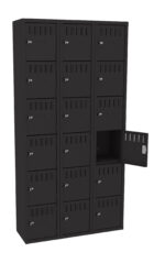 Black metal locker with three columns and six rows of individual compartments, each with ventilation slits and a keyhole. One compartment door is open, revealing an empty space inside.
