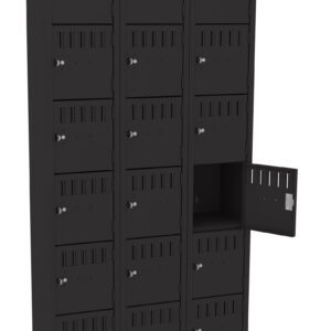 Black metal locker with three columns and six rows of individual compartments, each with ventilation slits and a keyhole. One compartment door is open, revealing an empty space inside.