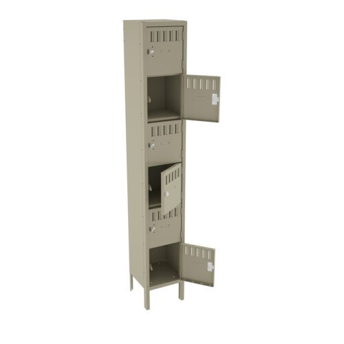 ydonnmrfcxhn2ibkcjjo.jpg A tall, beige metal locker with four compartments, three of which have open doors showing vents and lock mechanisms. The locker stands on four legs and is against a white background.