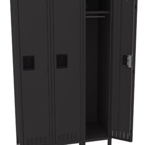 A black metal three-door locker with one door open. Inside, a hanging rod is visible. The locker has ventilation slits on the top and bottom of each door.