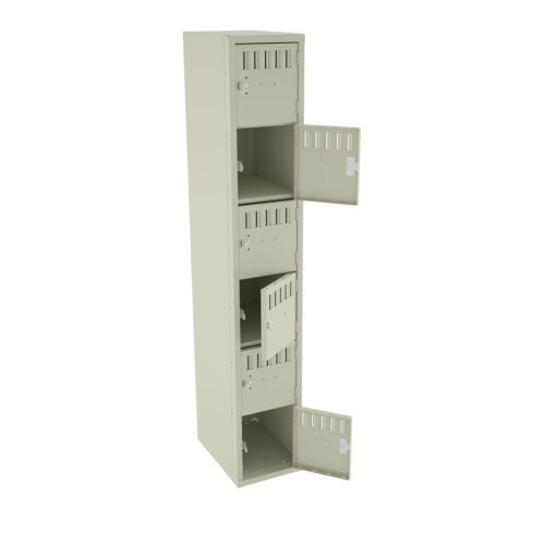 yelq0bpbrl20czwfs3t9.jpg A tall, beige locker with five compartments, each with a partially open vented door. The locker is standing upright and facing slightly to the right, showing the inside of the compartments and the lock mechanisms.
