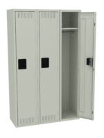 A gray metal three-door locker with one door open. The open section reveals a hanging rod and a shelf inside. The other two doors are closed. Each door features ventilation slits and a black square handle.