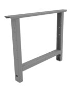 A gray, rectangular metal table frame with adjustable height mechanism. It has two sturdy legs, a horizontal support bar at the bottom, and multiple holes for cable management or assembly purposes. The design is minimal and industrial.