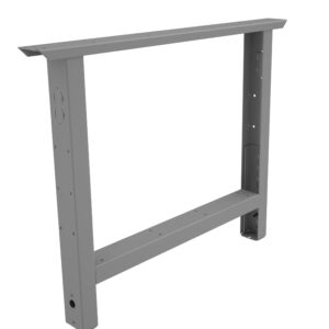 A gray, rectangular metal table frame with adjustable height mechanism. It has two sturdy legs, a horizontal support bar at the bottom, and multiple holes for cable management or assembly purposes. The design is minimal and industrial.