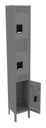 A tall, gray metal locker with three compartments. The bottom compartment door is open, revealing a square, empty interior. The top two compartments are closed. Each door has a rectangular handle and ventilation slots.