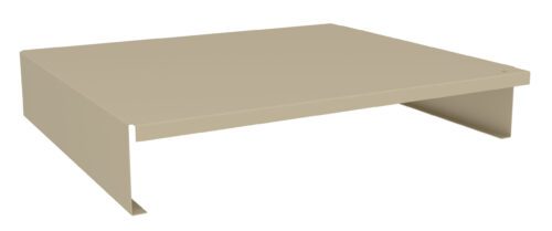 yf88hmb82rzyrgawwqvn.jpg A beige, rectangular metal object with a flat surface and two short side supports, resembling a simple shelf or stand. The object has a minimalistic design and is viewed from a low angle.