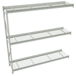 A grey metal wire shelving unit with three tiers, each consisting of a metal frame and grid-like shelves. The shelving is standing upright with visible support beams on the side.