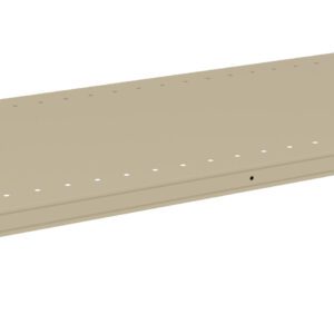 A beige, rectangular metal shelf, shown from a low angle, with multiple small evenly spaced holes along the sides. The shelf is supported by metal brackets at each end. The surface appears smooth and flat.