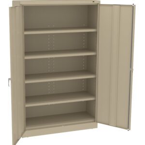 An empty beige metal cabinet with two open doors, revealing five evenly spaced shelves inside.