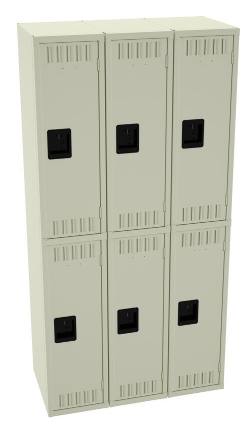 A set of six beige metal lockers arranged in two columns and three rows. Each locker has a black handle and ventilation slits near the top and bottom.