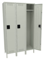 A light gray, three-door locker set with one door open, revealing an empty interior with a hanging rod and shelf. The lockers have black handles and are elevated on short legs.