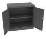 Metal storage cabinet with two open doors, revealing an interior with two adjustable shelves. The cabinet is gray and has a minimalistic design suitable for various storage needs.