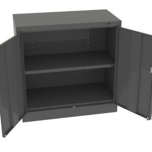 Metal storage cabinet with two open doors, revealing an interior with two adjustable shelves. The cabinet is gray and has a minimalistic design suitable for various storage needs.