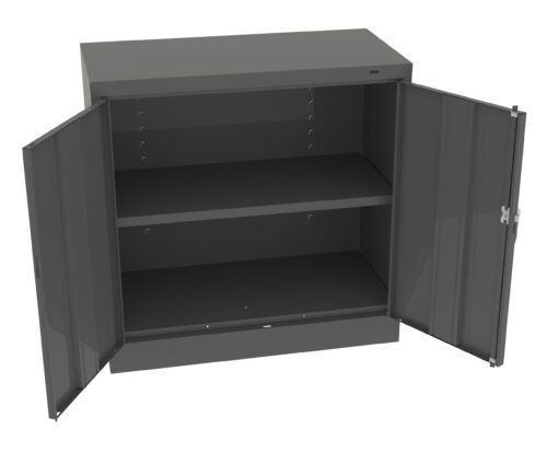 yfw3u0hshxgpm5vmjjyx.jpg Metal storage cabinet with two open doors, revealing an interior with two adjustable shelves. The cabinet is gray and has a minimalistic design suitable for various storage needs.