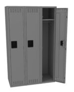 A gray metal locker with three compartments, two of which are closed. The right compartment is open, revealing shelves and a hanging rod. Each door has a black handle and vents near the top and bottom.