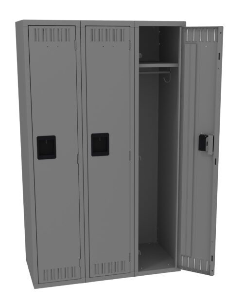 A gray metal locker with three compartments, two of which are closed. The right compartment is open, revealing shelves and a hanging rod. Each door has a black handle and vents near the top and bottom.