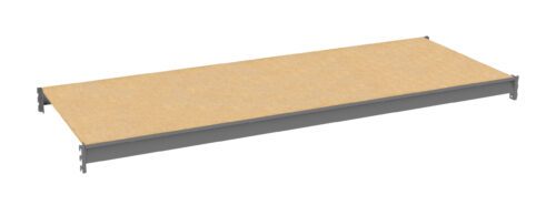 A wooden shelf with a light tan surface and gray metal edges, viewed from above. The shelf is rectangular and has brackets at each corner for mounting.