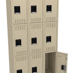 A beige locker unit with three columns and three rows, totaling nine lockers. Eight of the lockers are closed, and one in the lower right corner is open, revealing an empty interior. Each locker has a black handle.