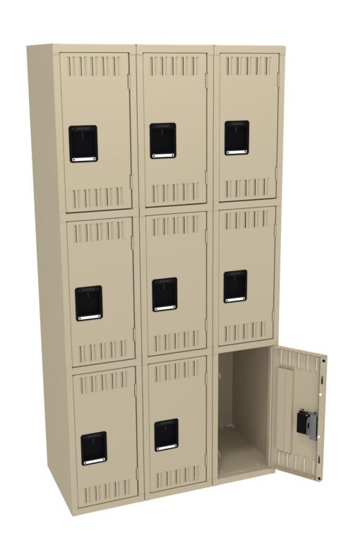 A beige locker unit with three columns and three rows, totaling nine lockers. Eight of the lockers are closed, and one in the lower right corner is open, revealing an empty interior. Each locker has a black handle.