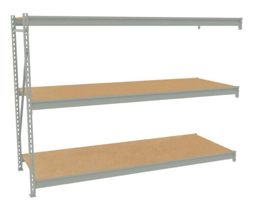 A metal shelving unit with three wooden shelves, designed for heavy-duty storage. The frame is light gray, and the shelves are parallel and evenly spaced.
