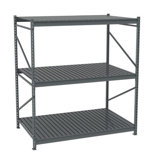 yhlhby8oqrwaghot8qai.jpg A large, industrial metal shelving unit with three levels, constructed from gray steel rods and slatted surfaces. The shelves are empty, and the unit stands against a plain white background.