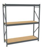 A freestanding metal storage shelf unit with three levels, supported by a steel frame. Each shelf is made of wood, providing a sturdy surface for organizing items. The shelf is empty, set against a plain white background.