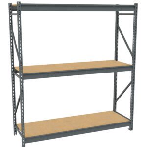 A freestanding metal storage shelf unit with three levels, supported by a steel frame. Each shelf is made of wood, providing a sturdy surface for organizing items. The shelf is empty, set against a plain white background.
