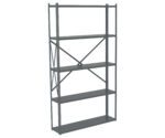 A tall, gray metal shelving unit with five evenly spaced shelves. The structure features cross braces for support. It is empty and designed for storage purposes.