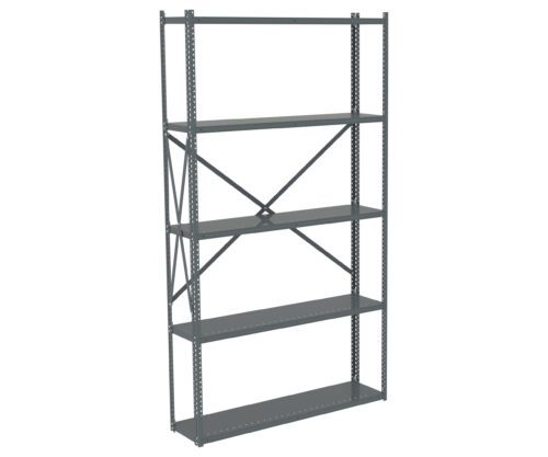 A tall, gray metal shelving unit with five evenly spaced shelves. The structure features cross braces for support. It is empty and designed for storage purposes.