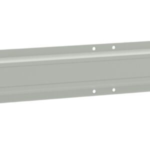 A long, rectangular metal bracket with a flat design and multiple evenly spaced holes along its width for mounting or fastening purposes. The surface is smooth and has a light gray color.