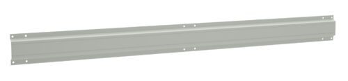 A long, rectangular metal bracket with a flat design and multiple evenly spaced holes along its width for mounting or fastening purposes. The surface is smooth and has a light gray color.