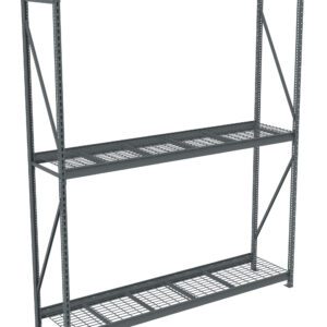 A large, empty, industrial metal shelving unit with two wire grid shelves and a solid metal top. The shelves are supported by a gray metal frame with diagonal support beams. The unit is designed for heavy-duty storage purposes.