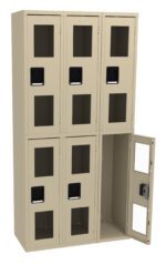 A beige metal locker unit with six compartments arranged in two rows. Each compartment has a transparent window and a black handle. The bottom right compartment is open, revealing an empty interior.