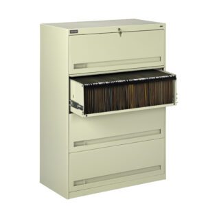 A light beige filing cabinet with four drawers is shown. The second drawer is open, revealing a row of hanging file folders neatly arranged inside. The cabinet has a small lock at the top.