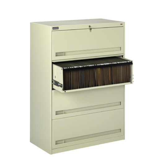 A light beige filing cabinet with four drawers is shown. The second drawer is open, revealing a row of hanging file folders neatly arranged inside. The cabinet has a small lock at the top.