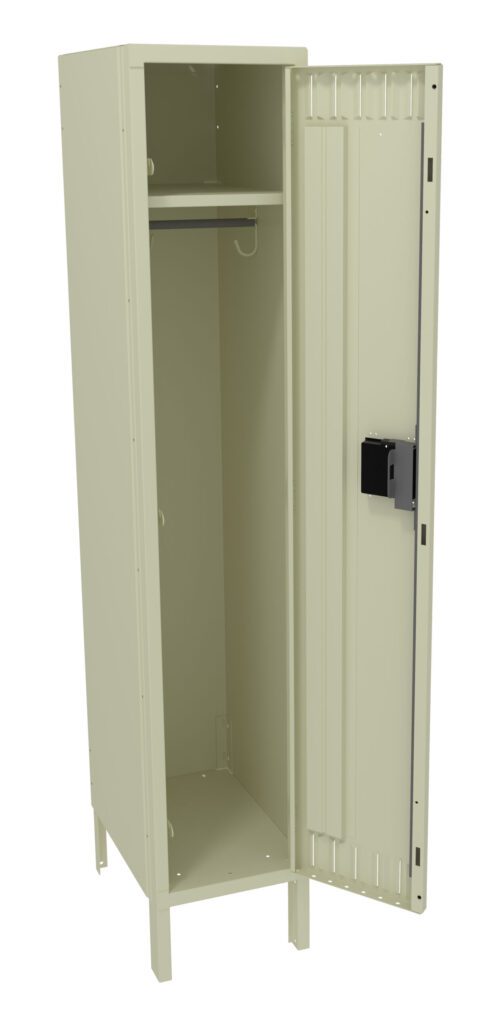 An open light beige metal locker with a single compartment, showing an internal shelf and a coat hook. The locker has a black latch on the open door, which is hinged on the right side.