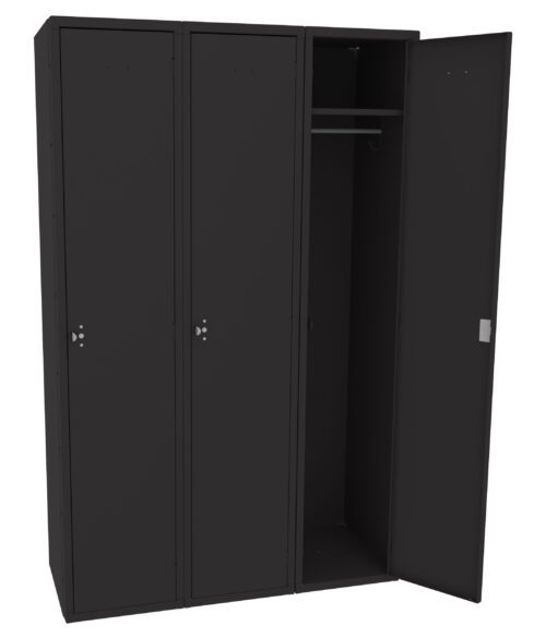 yjmmhkuu1ybtkfpmwlcr.jpg A set of three tall, black metal lockers. The locker on the right is open, revealing an empty interior with a shelf and hanging rod. The two lockers on the left are closed.