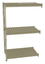 A beige metal shelving unit with three adjustable shelves. The structure is simple with a vertical support column on one side. The shelves are slatted, providing storage space for various items.