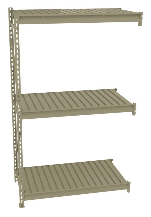A beige metal shelving unit with three adjustable shelves. The structure is simple with a vertical support column on one side. The shelves are slatted, providing storage space for various items.
