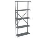 A tall, gray metal shelving unit with five adjustable shelves. The structure features support beams on the sides and back for stability. The shelves are evenly spaced and suitable for storing various items.