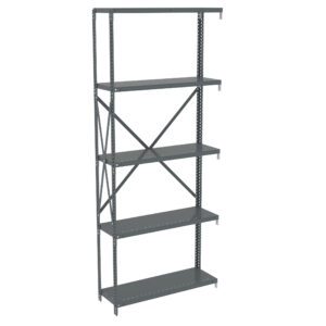 A tall, gray metal shelving unit with five adjustable shelves. The structure features support beams on the sides and back for stability. The shelves are evenly spaced and suitable for storing various items.