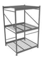A metal storage rack with three shelves. The shelves consist of grid-like wire patterns supported by a sturdy frame. The rack is empty, showcasing its design for organizing or storing items.