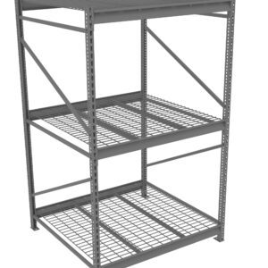 A metal storage rack with three shelves. The shelves consist of grid-like wire patterns supported by a sturdy frame. The rack is empty, showcasing its design for organizing or storing items.