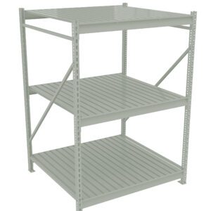 Metal shelving unit with three tiers, featuring horizontal slats on each shelf. It is supported by vertical beams and cross braces on the sides. The color is a light shade of grey, and the unit is empty.