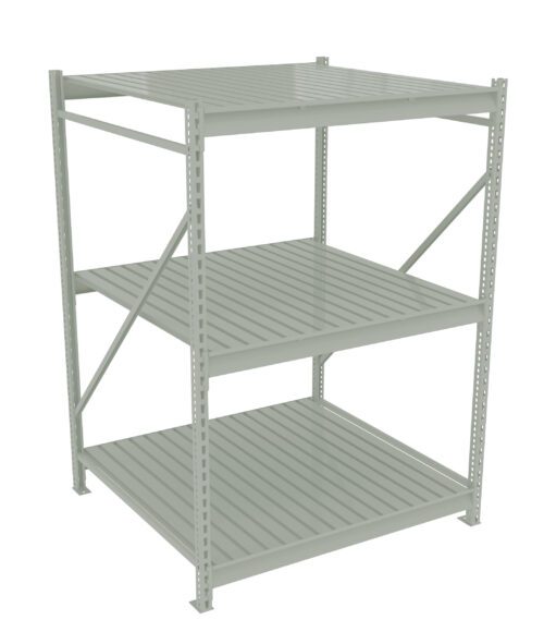 Metal shelving unit with three tiers, featuring horizontal slats on each shelf. It is supported by vertical beams and cross braces on the sides. The color is a light shade of grey, and the unit is empty.