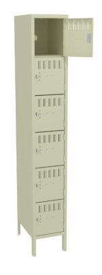 A beige metal storage locker with six compartments stands on four legs. The top compartment door is open, showing an empty interior. Each compartment has a vented door with a lock. The locker is tall and rectangular.