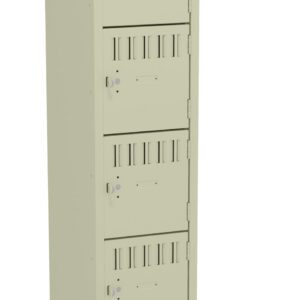 A beige metal storage locker with six compartments stands on four legs. The top compartment door is open, showing an empty interior. Each compartment has a vented door with a lock. The locker is tall and rectangular.