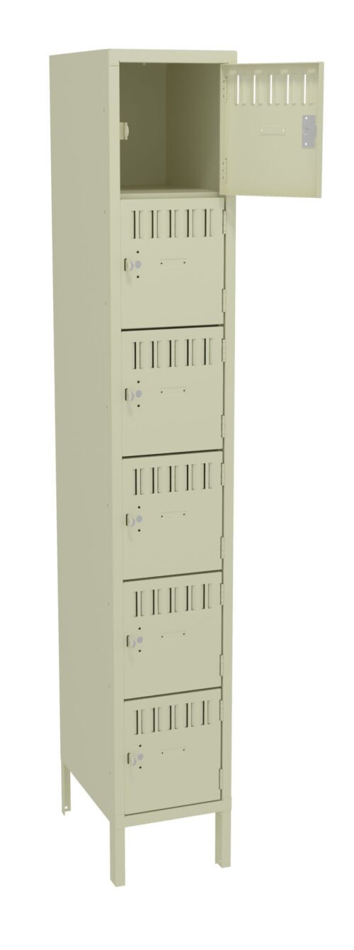A beige metal storage locker with six compartments stands on four legs. The top compartment door is open, showing an empty interior. Each compartment has a vented door with a lock. The locker is tall and rectangular.